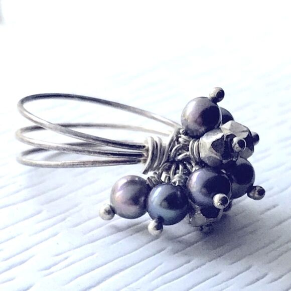 Freshwater Pearl Cluster Ring Beaded Wire Multi-band Boho Beachy Coastal Blue - Picture 4 of 7